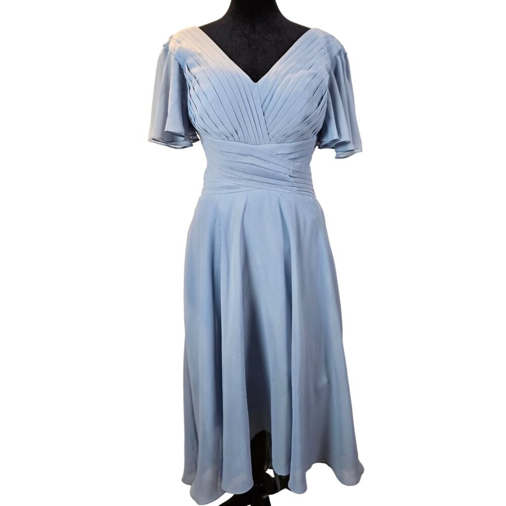 Lavetir Womens Dusty Blue Pleated V-Neck Chiffon Midi Dress Size 4 Lace-Up Back